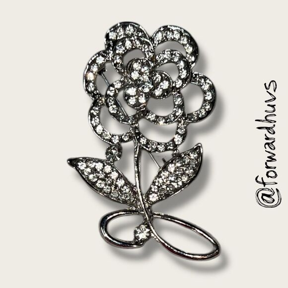 Vintage Silver Tone Rhinestone Flower Brooch - Picture 1 of 7